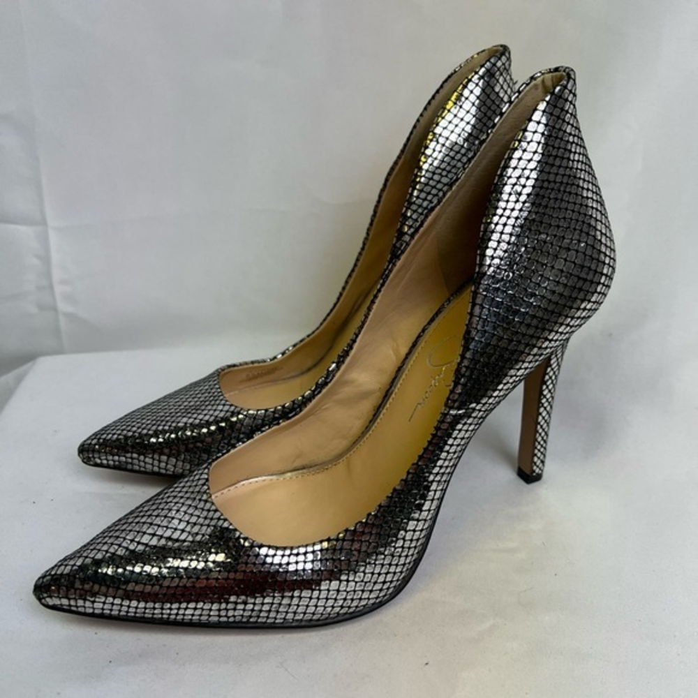 Jessica Simpson Cambredge Silver Snakeskin High Back Heels Women's Size 8.5